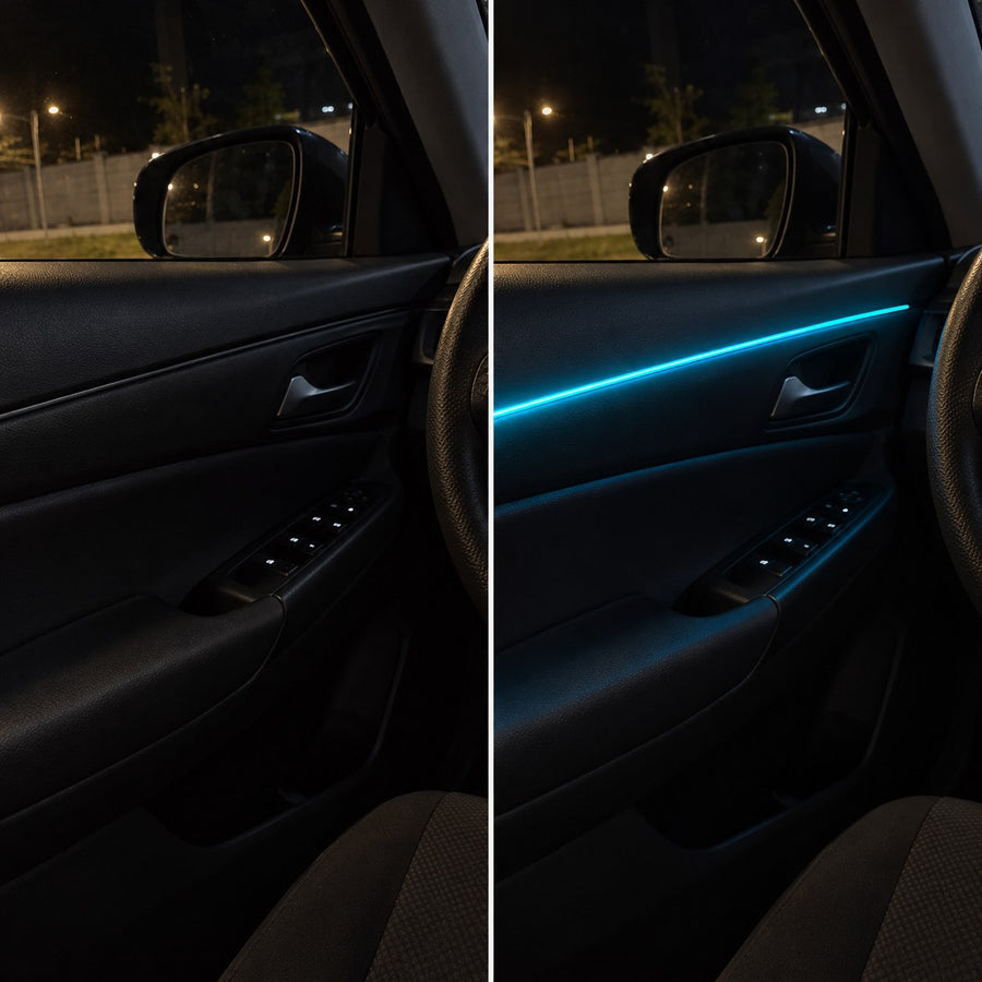 Your car at night, before and after a 5-minute install.