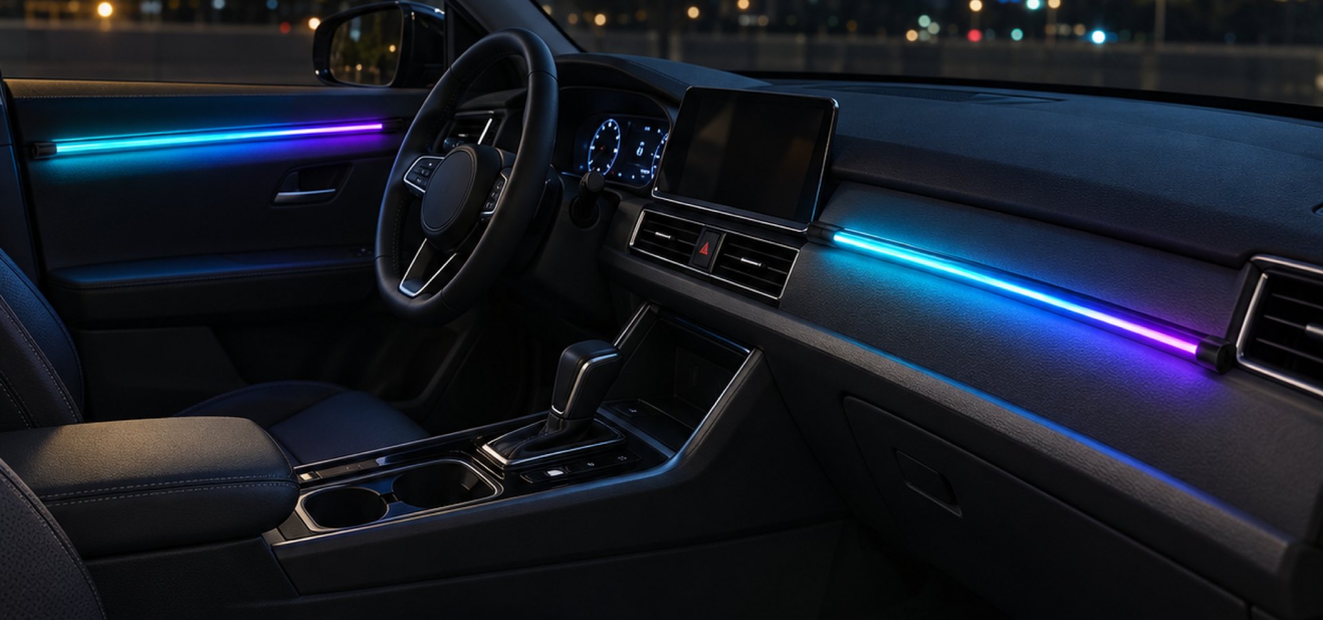 Car interior with Cabinly ambient light strips on the dashboard and door